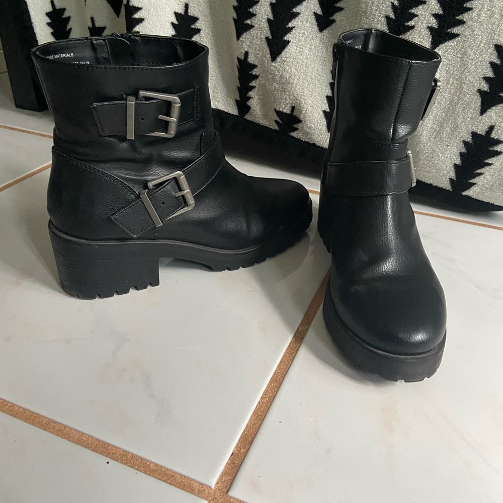 Black moto ankle boots with buckles